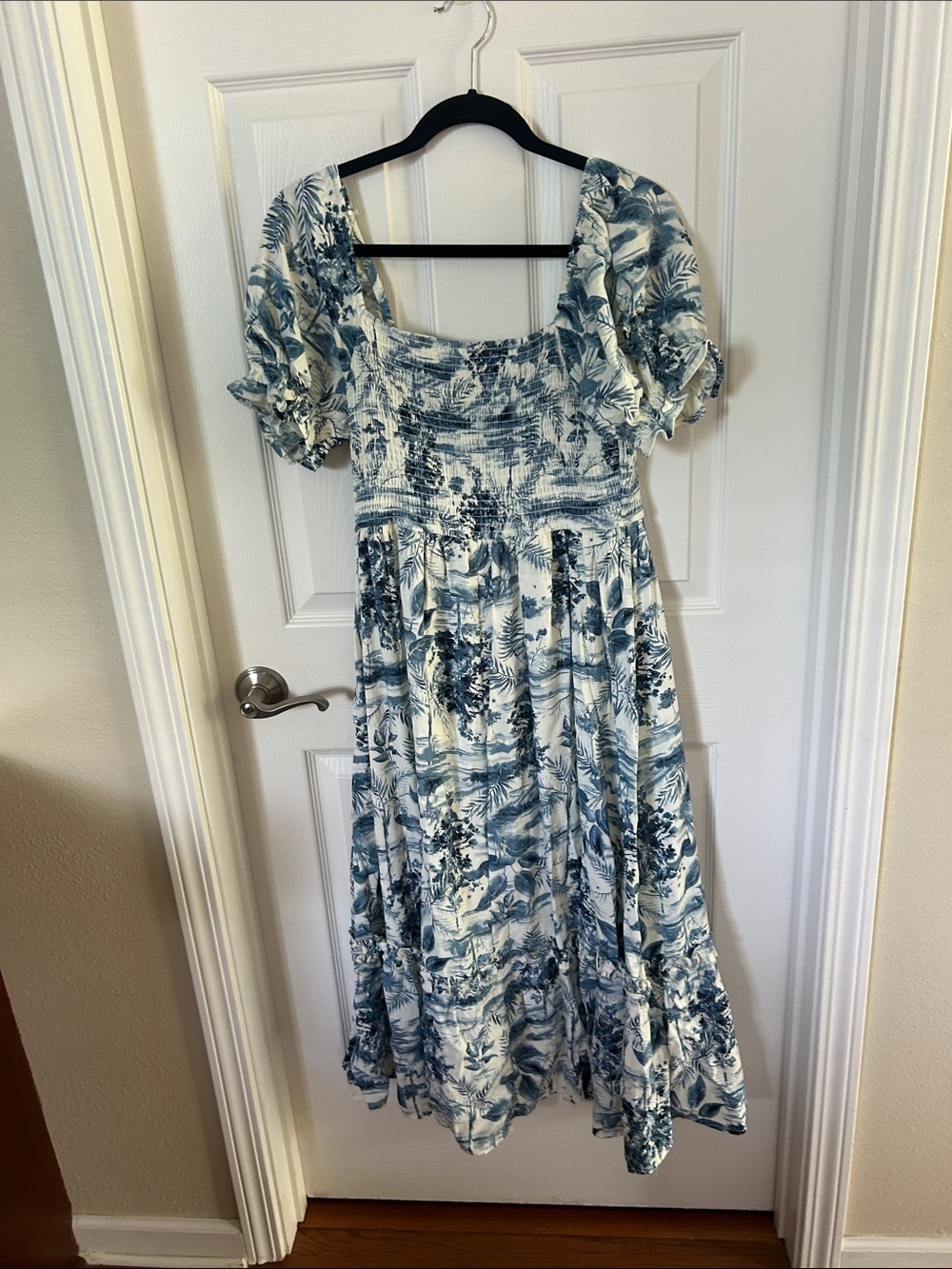 Blue Floral Smocked Midi Dress with Puff Sleeves